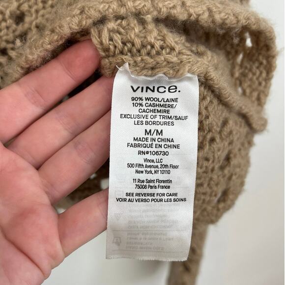 VINCE. Crochet Open Knit Wool Cashmere Luxury Cardigan Amber Light - Medium - Picture 8 of 10